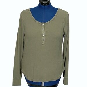 Madewell Womens XL Olive Green Waffle Knit Long Sleeve Henley Top Scoop Neck